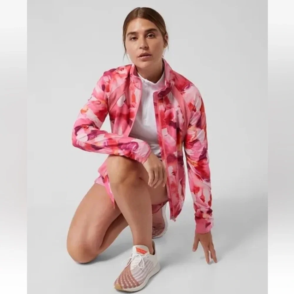 ATHLETA Pink Back Zipper  Run With It Printed Jacket  SIZE Large